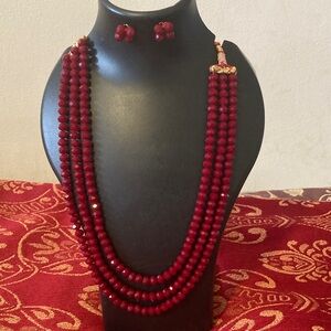Elegant Red Beaded Necklace and Earring Set